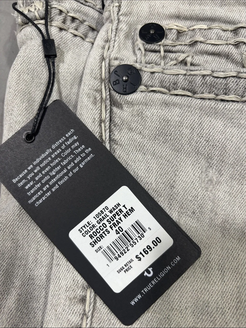True Religion Men’s Light Gray Slim Straight Distressed Jeans
